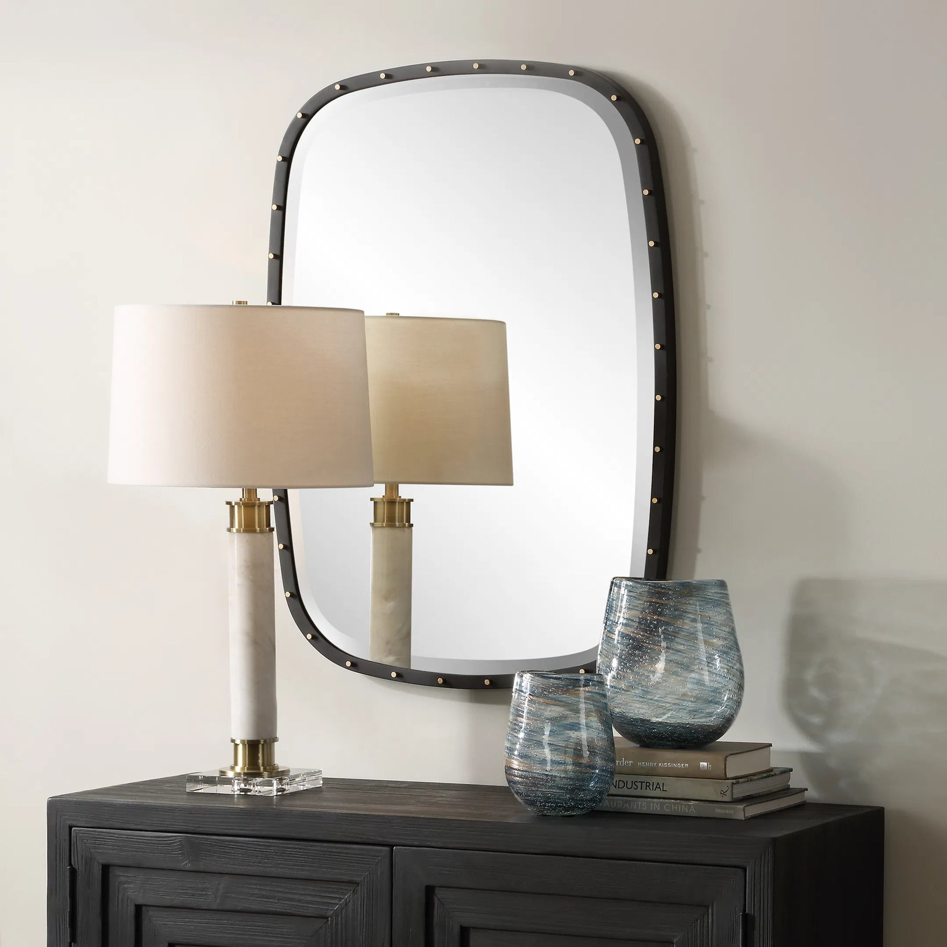 Benedo Industrial Mirror by Uttermost in brass. Made from metal，mirror，mdf in a transitional style.