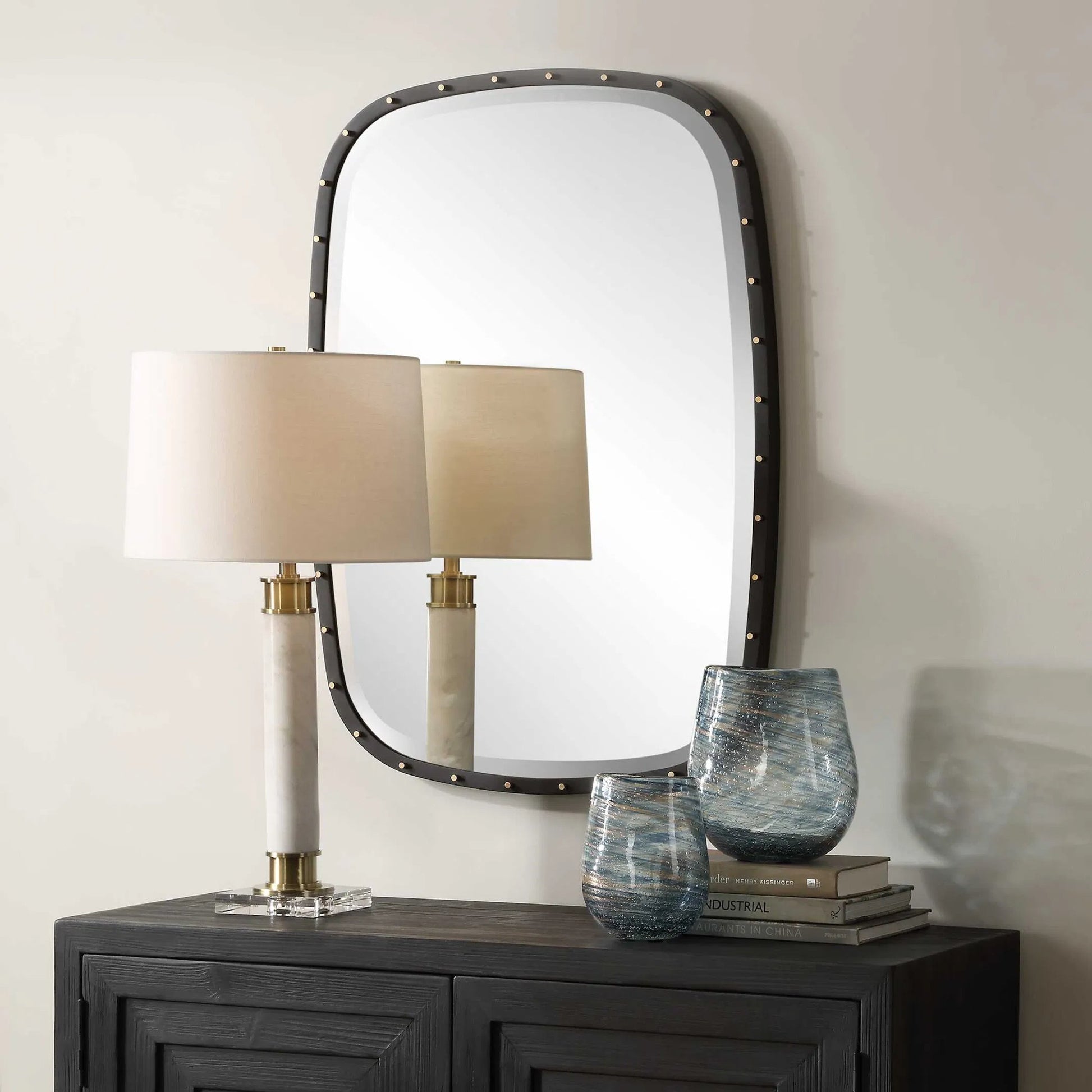 Benedo Industrial Mirror by Uttermost in brass. Made from metal，mirror，mdf in a transitional style.
