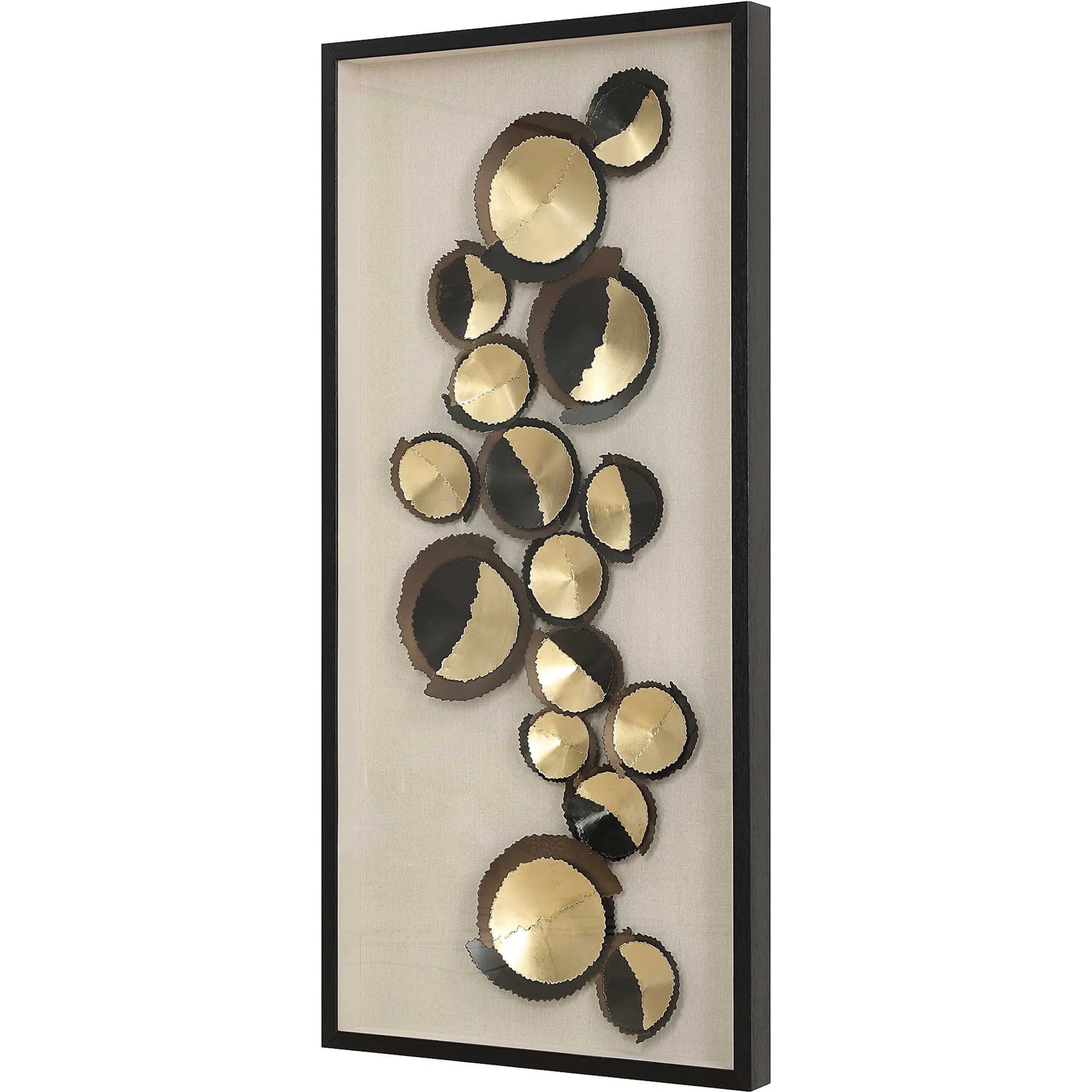 Hour Shadow Box by Uttermost in gold leaf. Made from iron, pine, mdf, mirror, linen in a eclectic & global style.
