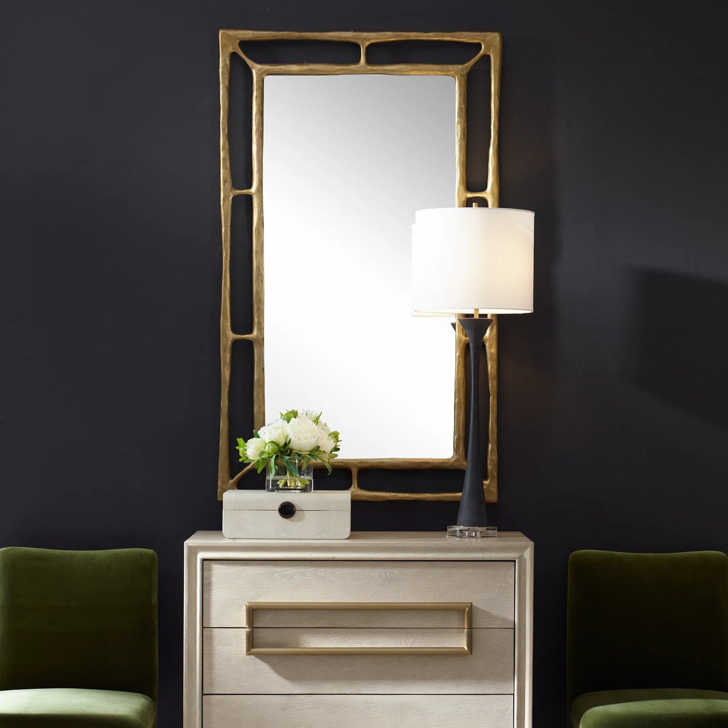 004 SI-2262116 | Lifestyle | Felix Rectangle Mirror by Uttermost in brass. Made from aluminum, mdf, glass in a modern style.