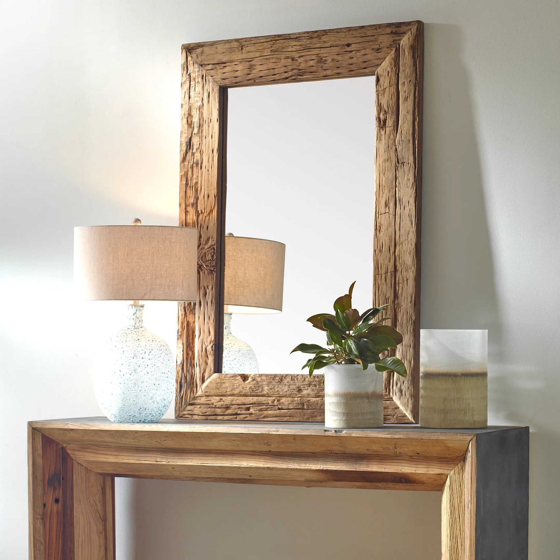 Rennick Reclaimed Pine Mirror by Uttermost in wood. Made from 50% reclaimed wood 50% mirror in a traditional style.