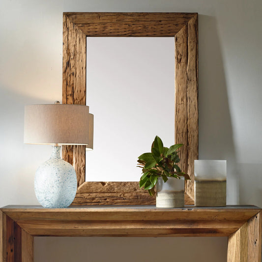 Rennick Reclaimed Pine Mirror by Uttermost in wood. Made from 50% reclaimed wood 50% mirror in a unique style.