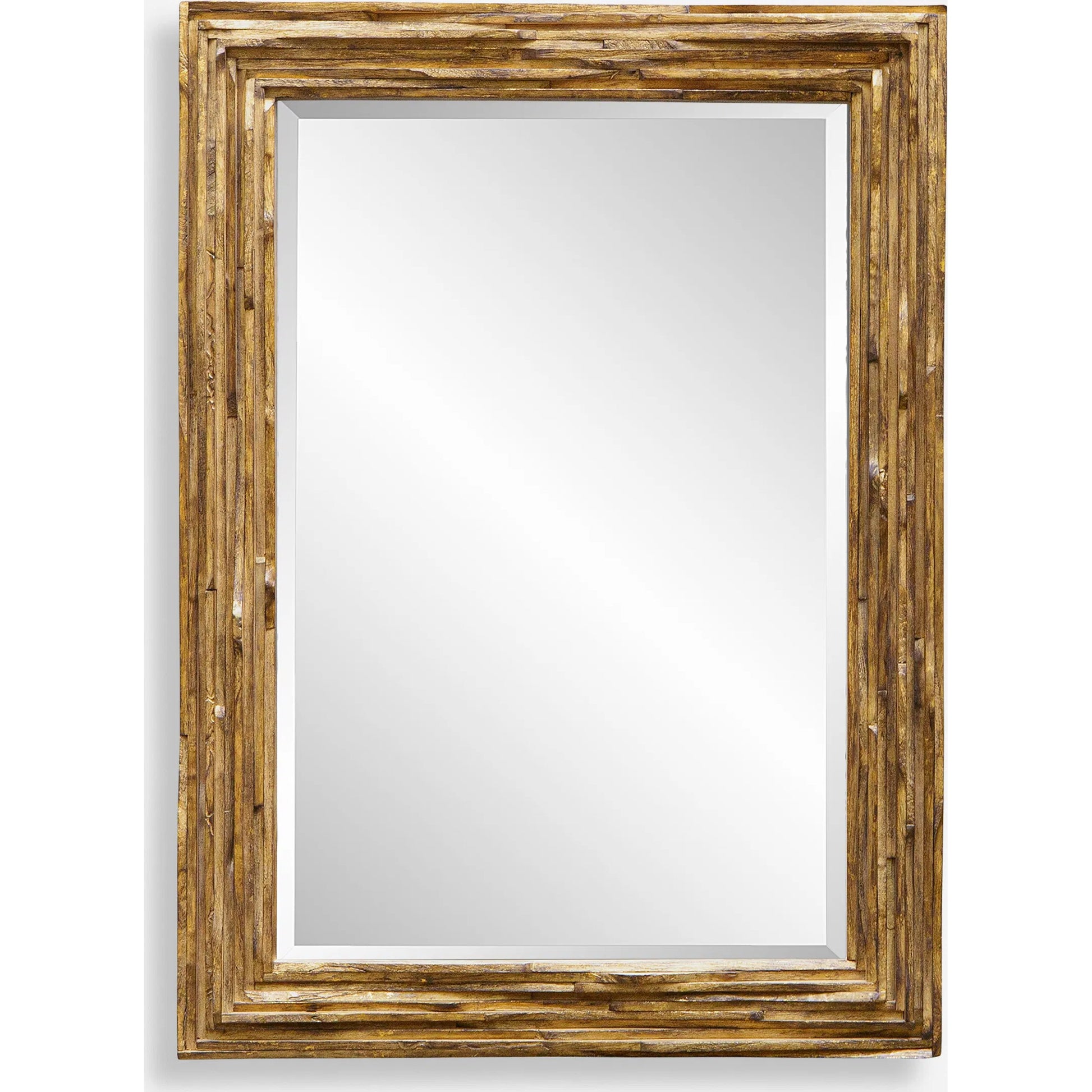 Overlap Mirror by Uttermost in antique gold leaf. Made from teak wood in a transitional style.