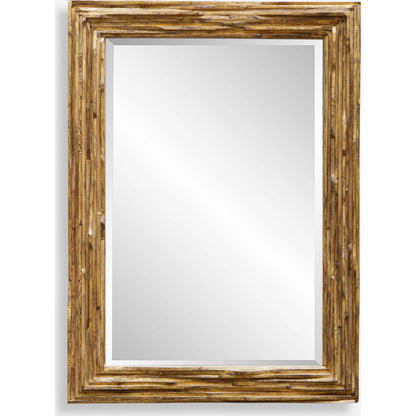Overlap Mirror by Uttermost in antique gold leaf. Made from teak wood in a transitional style.