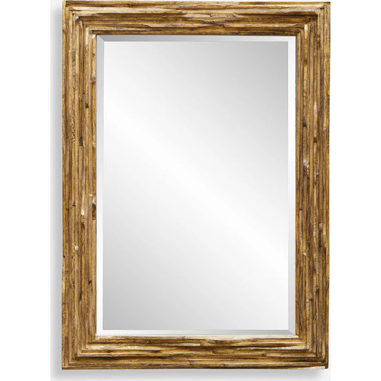 Overlap Mirror by Uttermost in antique gold leaf. Made from teak wood in a unique style.