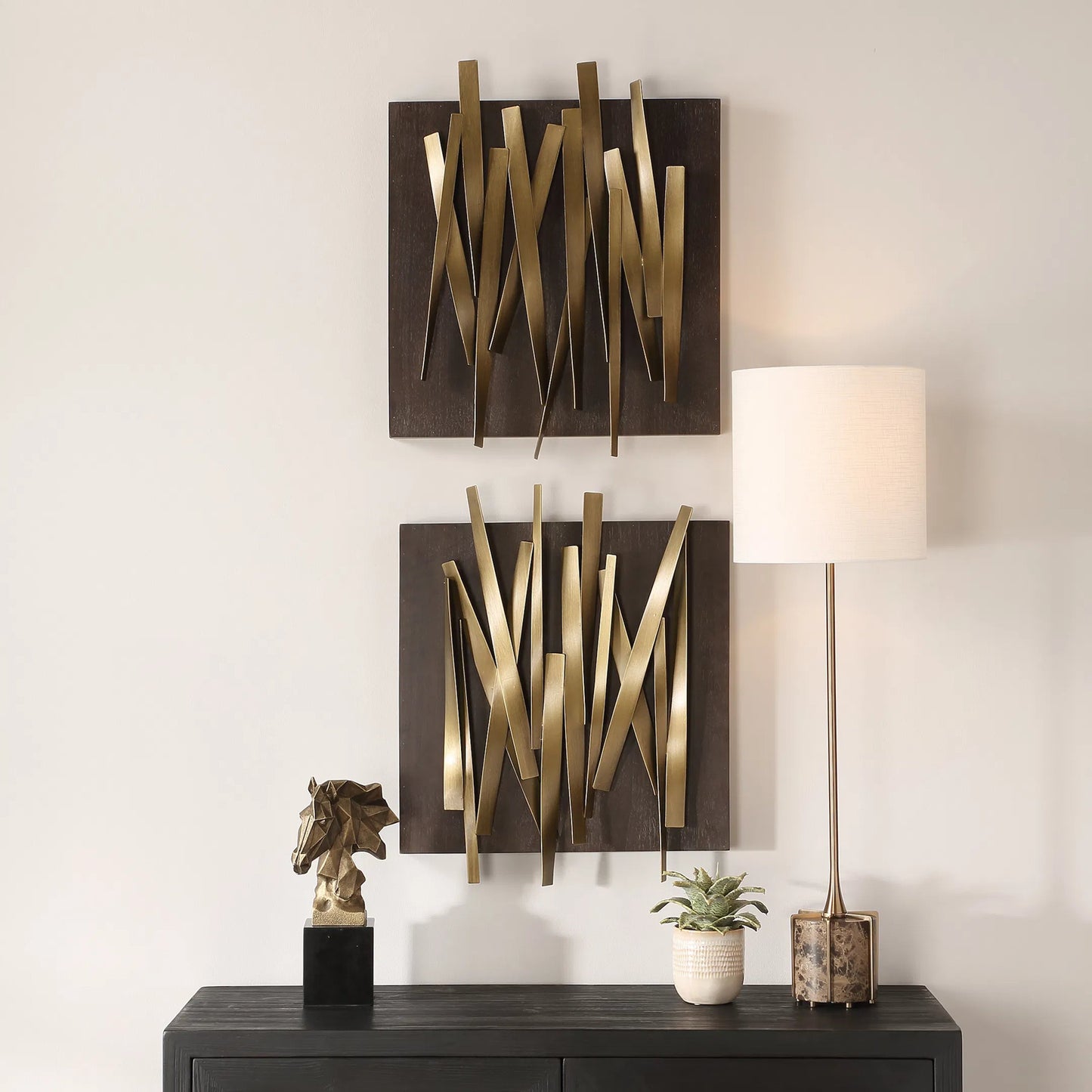 004 SI-2295162 | Lifestyle | Crosshatch Wall Decor by Uttermost in gold. Made from iron, mdf, walnut veneer in a modern style.
