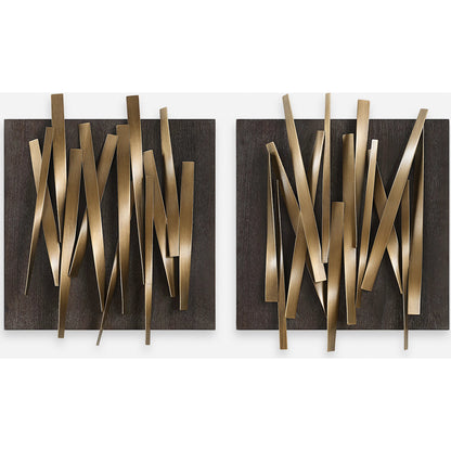 Crosshatch Wall Decor by Uttermost in gold. Made from iron, mdf, walnut veneer in a modern style.