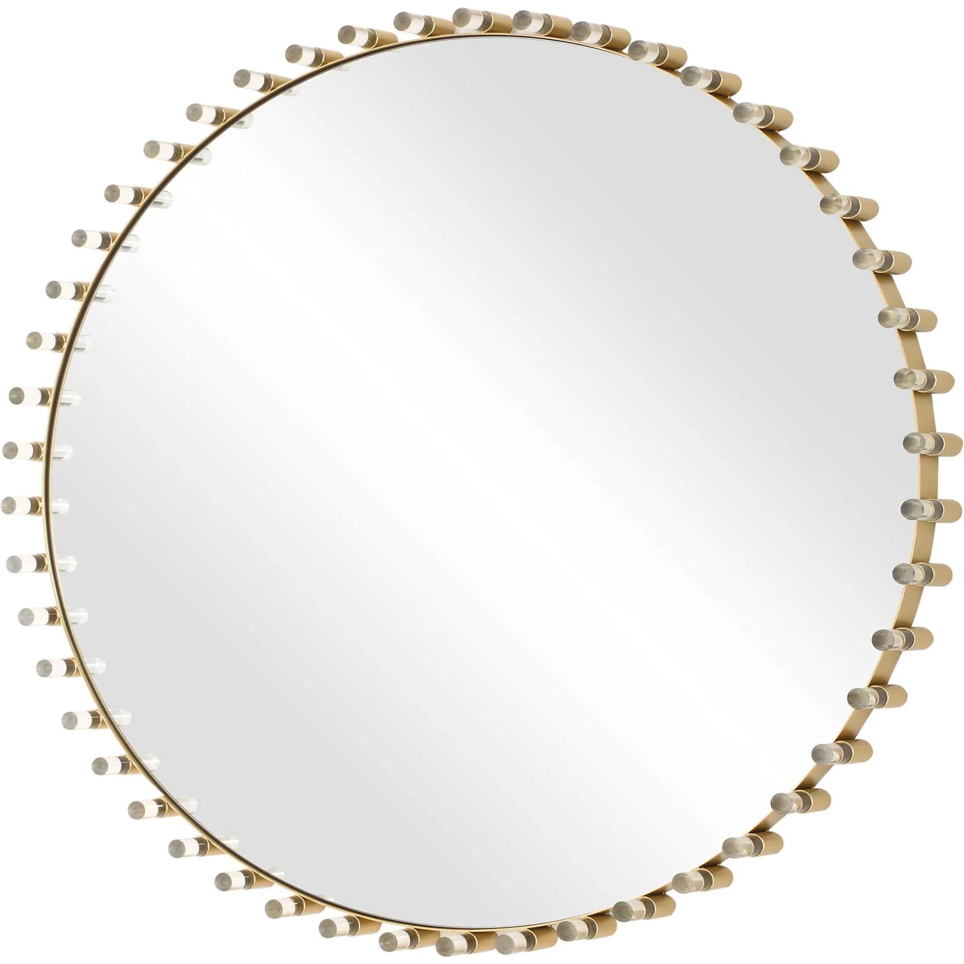 Avelyne Round Mirror by Uttermost in brass. Made from iron, mirror, mdf, acrylic in a transitional style.