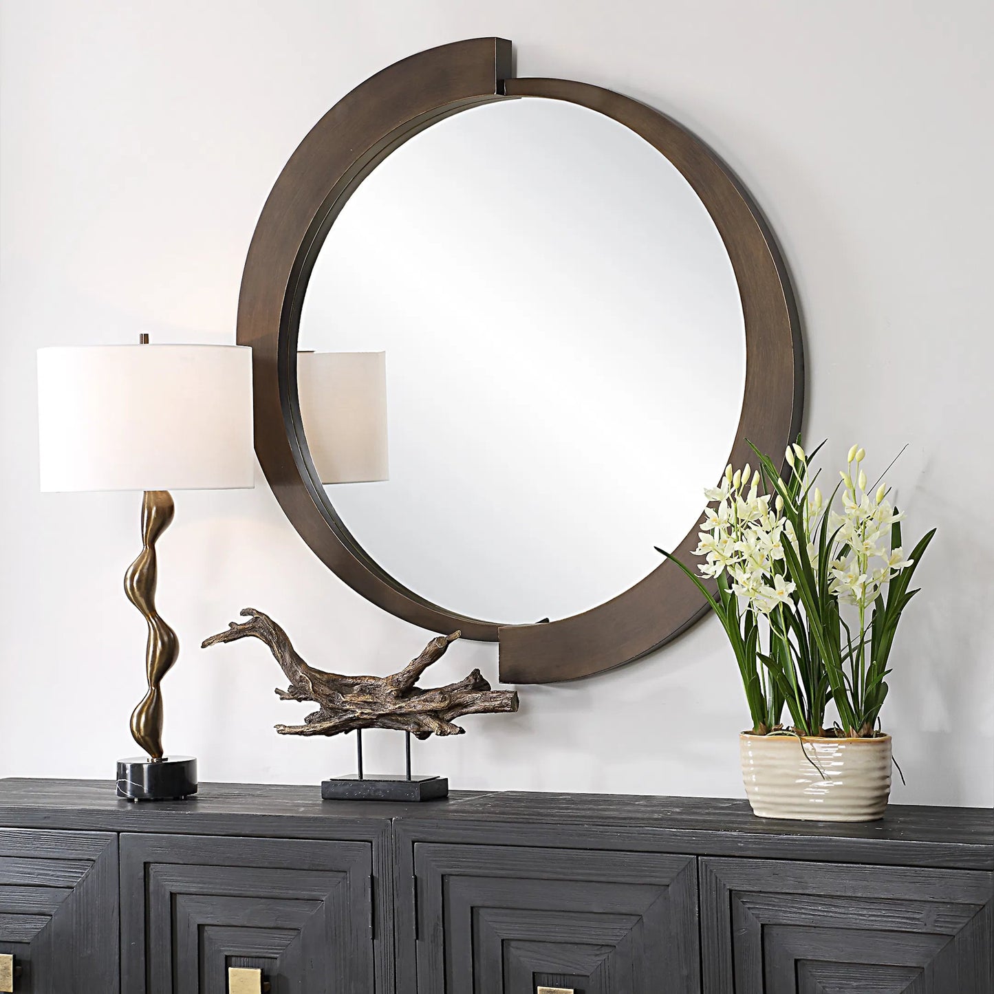 001 SI-2295173 | Lifestyle | Reverse Round Mirror by Uttermost in bronze. Made from iron, mirror, mdf in a traditional style.