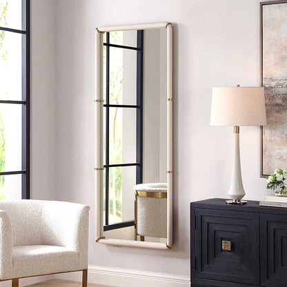 Cyprus Dressing Mirror by Uttermost in brass. Made from steel, mirror, mdf, pu leather, aluminum in a transitional style.