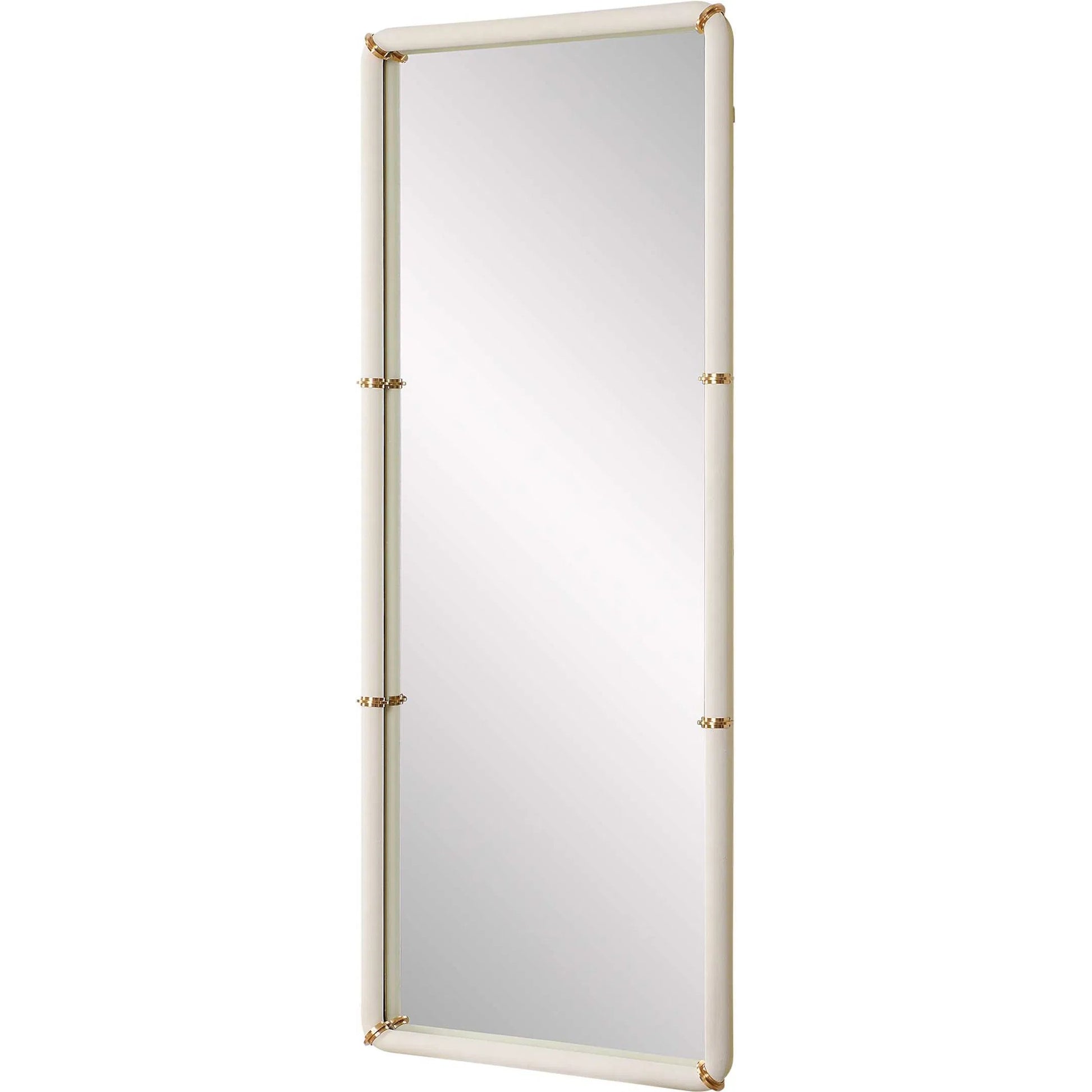 Cyprus Dressing Mirror by Uttermost in brass. Made from steel, mirror, mdf, pu leather, aluminum in a transitional style.