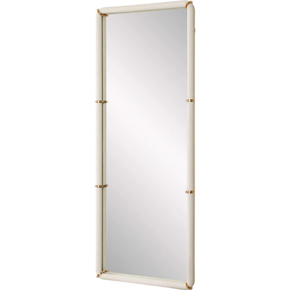 Cyprus Dressing Mirror by Uttermost in brass. Made from steel, mirror, mdf, pu leather, aluminum in a transitional style.