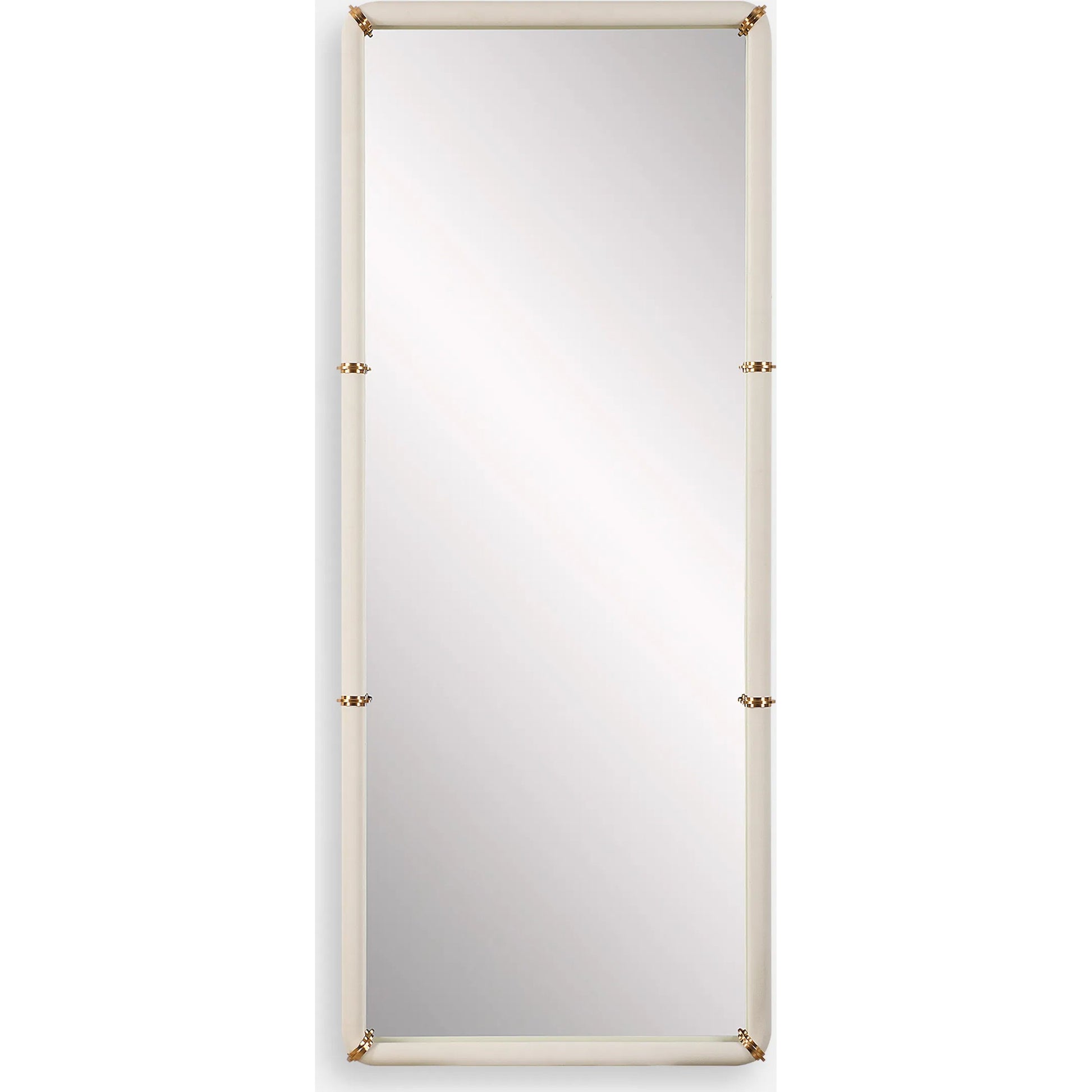 Cyprus Dressing Mirror by Uttermost in brass. Made from steel, mirror, mdf, pu leather, aluminum in a transitional style.