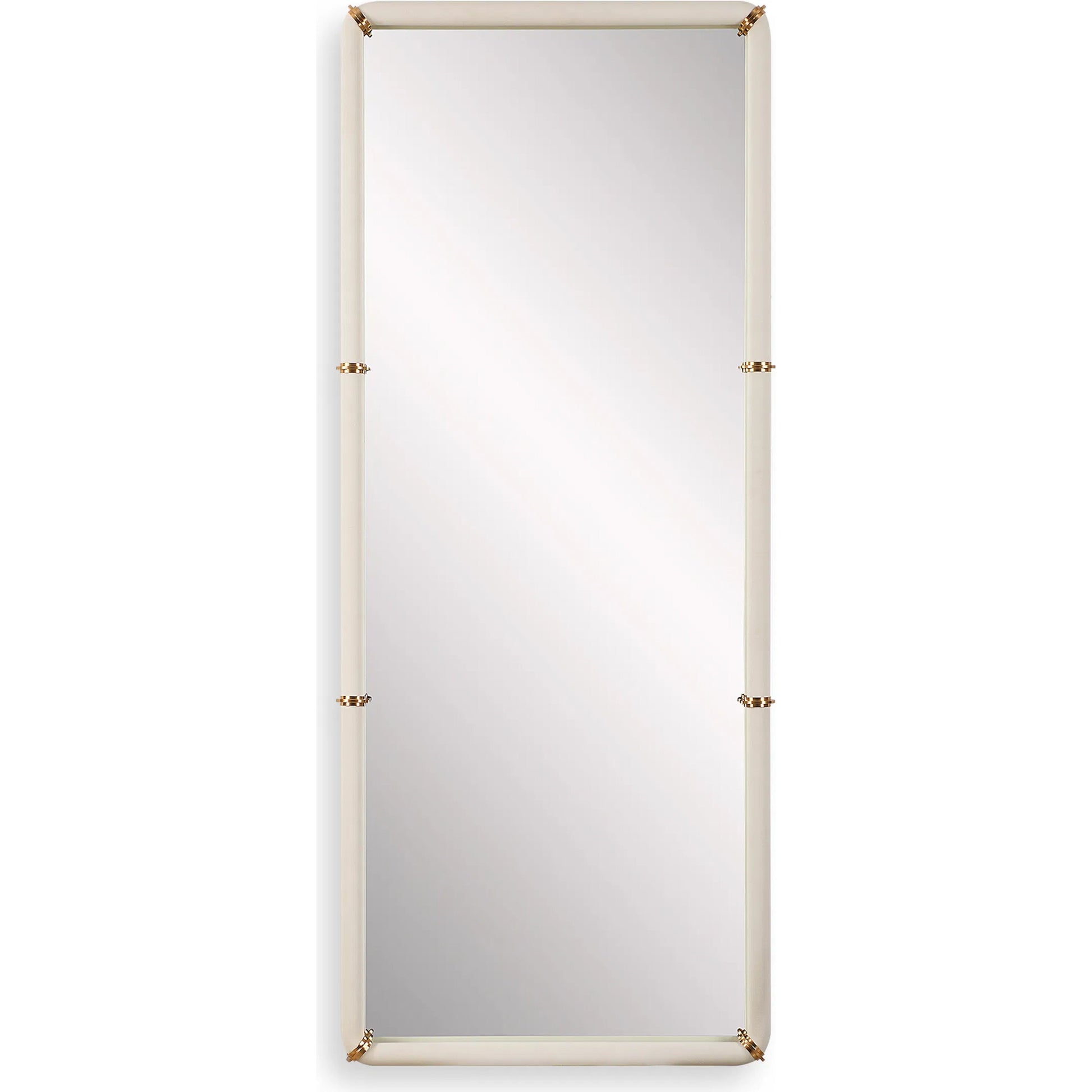 Cyprus Dressing Mirror by Uttermost in brass. Made from steel, mirror, mdf, pu leather, aluminum in a transitional style.