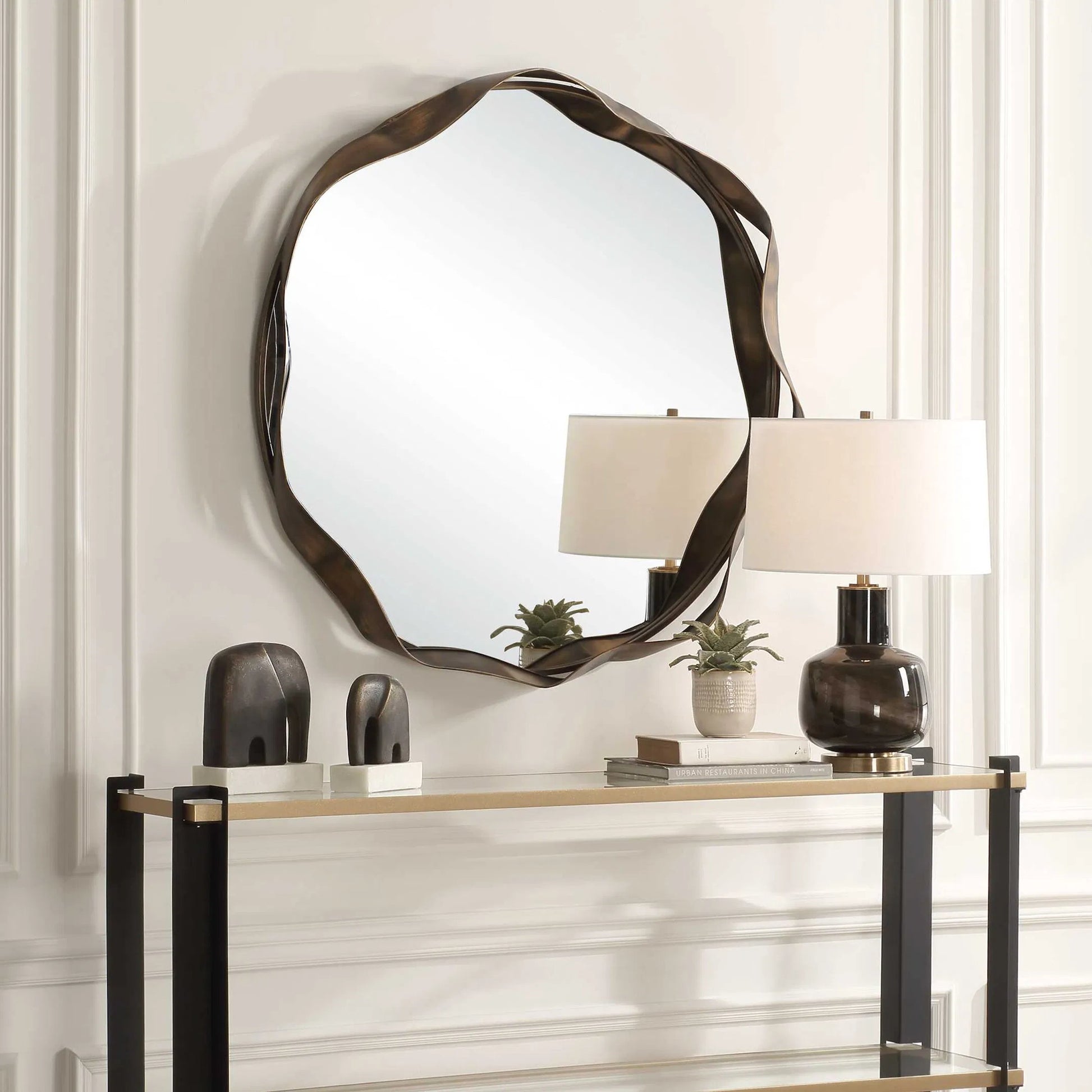 Catch the Wave Round Mirror by Uttermost in bronze. Made from mirror, mdf, iron in a unique style.