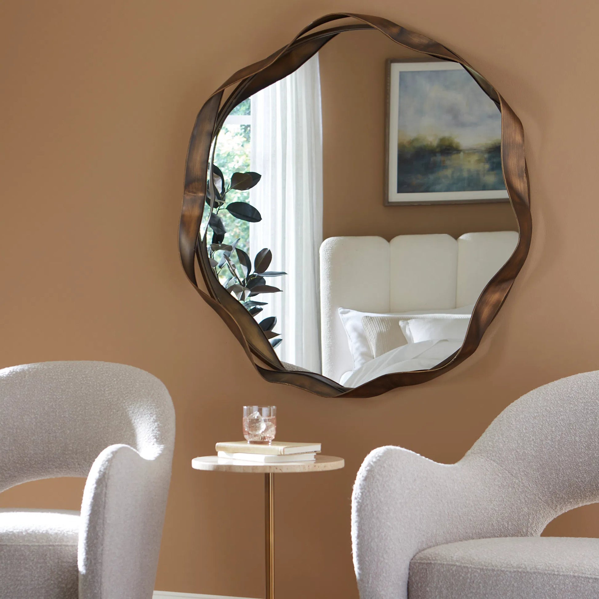 Catch the Wave Round Mirror by Uttermost in bronze. Made from mirror, mdf, iron in a unique style.