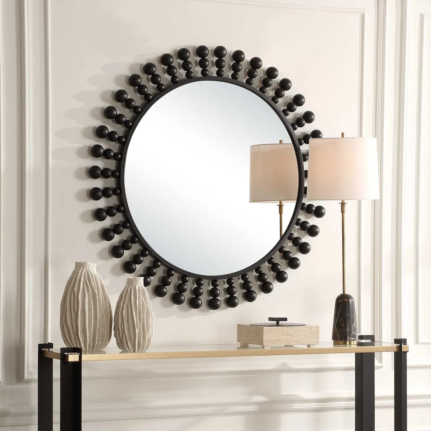 004 SI-2355219 | Closeup | Aziel Round Mirror by Uttermost in black. Made from mdf, metal, mirror in a modern style.