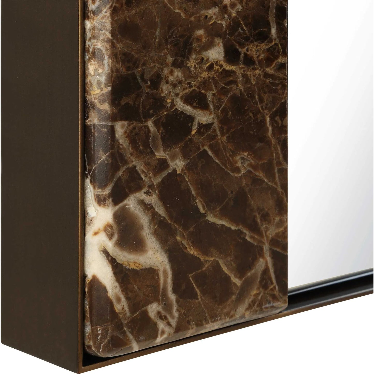 004 SI-2386567 | Closeup | Hanover Mirror by Uttermost in bronze. Made from iron, mirror, mdf, marble in a transitional style.