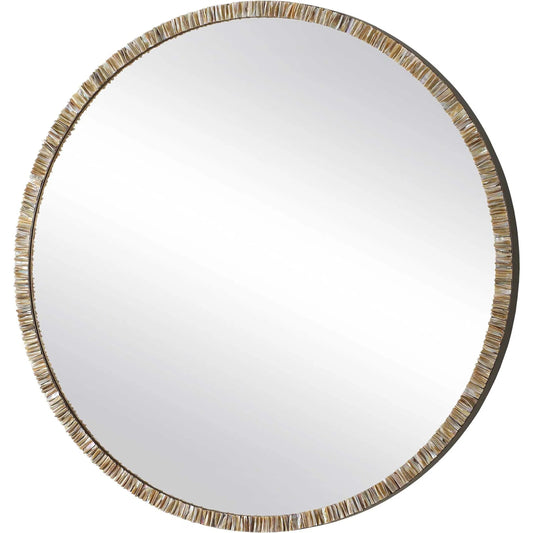 Odeon Shell Inlay Round Mirror by Uttermost in bronze. Made from iron, mirror, mdf, shell in a transitional style.