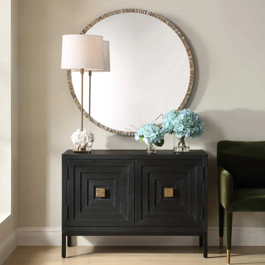 Odeon Shell Inlay Round Mirror by Uttermost in bronze. Made from iron, mirror, mdf, shell in a unique style.