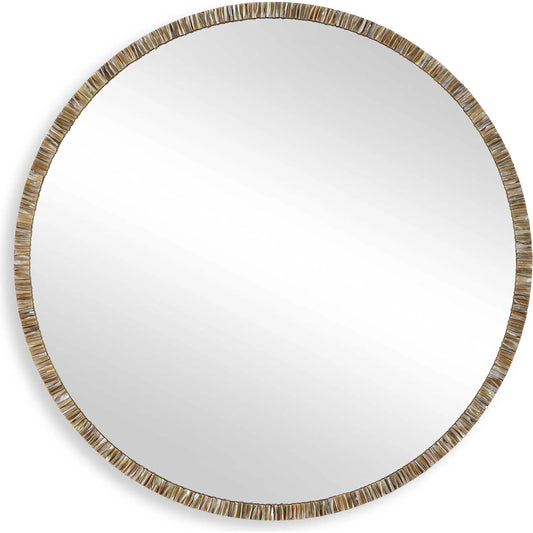 Odeon Shell Inlay Round Mirror by Uttermost in bronze. Made from iron, mirror, mdf, shell in a unique style.