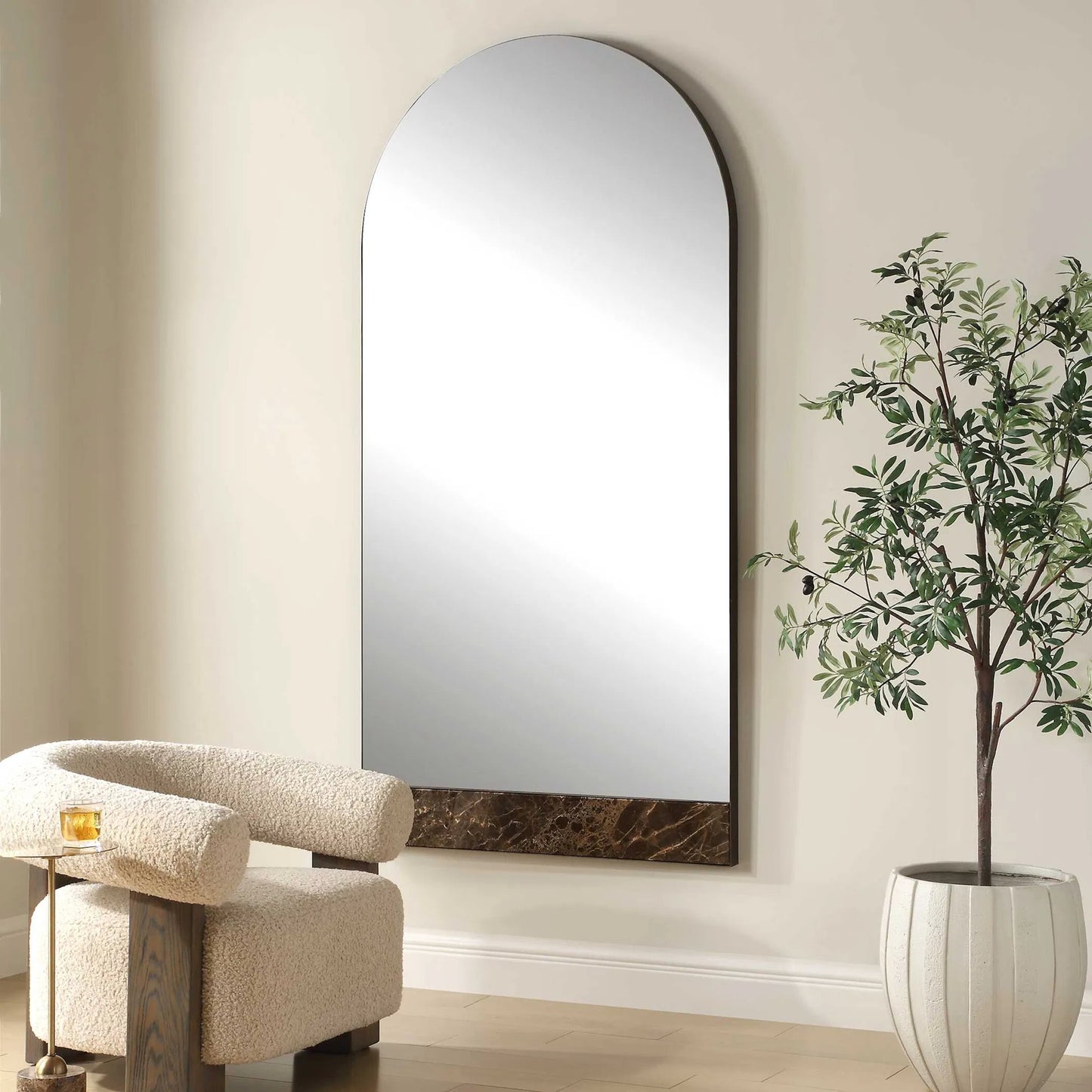 003 SI-2386569 | Lifestyle | Hanover Arch Mirror by Uttermost in bronze. Made from iron, mirror, mdf, marble in a transitional style.