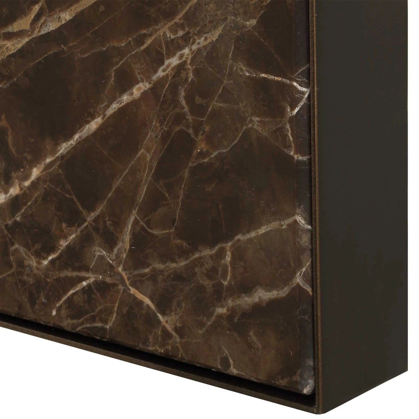 004 SI-2386569 | Closeup | Hanover Arch Mirror by Uttermost in bronze. Made from iron, mirror, mdf, marble in a transitional style.