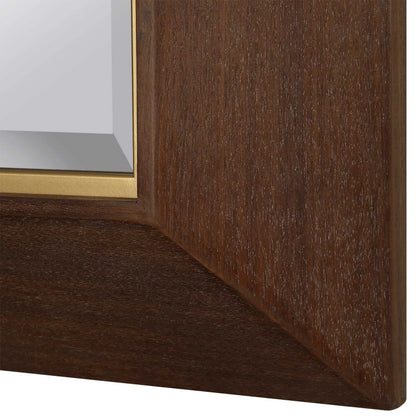 Matheson Rectangular Mirror by Uttermost in gold. Made from walnut veneer, mirror, mdf, iron in a transitional style.
