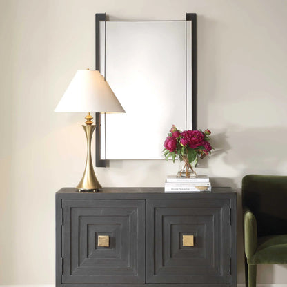 Cunene Industrial Wall Mirror by Uttermost in matte black, gold leaf. Made from iron, mirror, mdf in a transitional style.