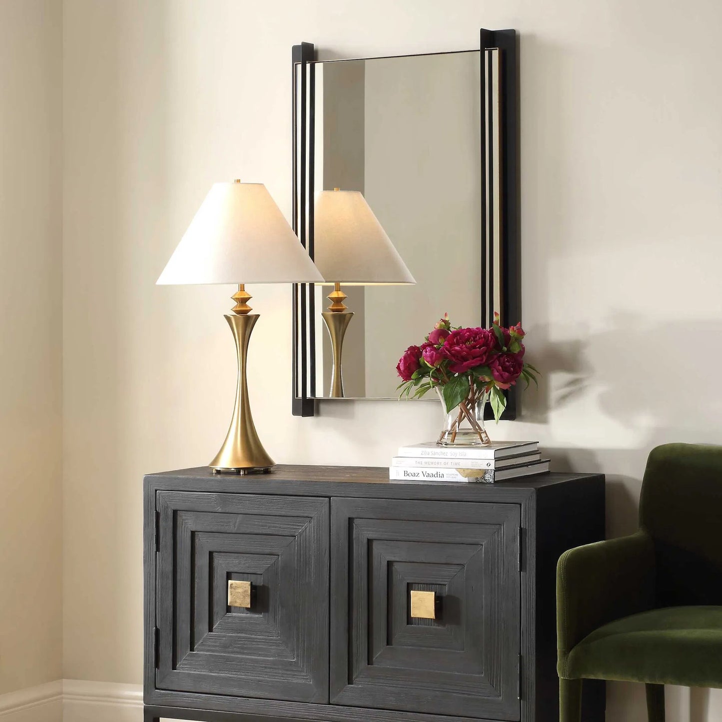 003 SI-2386571 | Lifestyle | Cunene Industrial Wall Mirror by Uttermost in matte black, gold leaf. Made from iron, mirror, mdf in a transitional style.