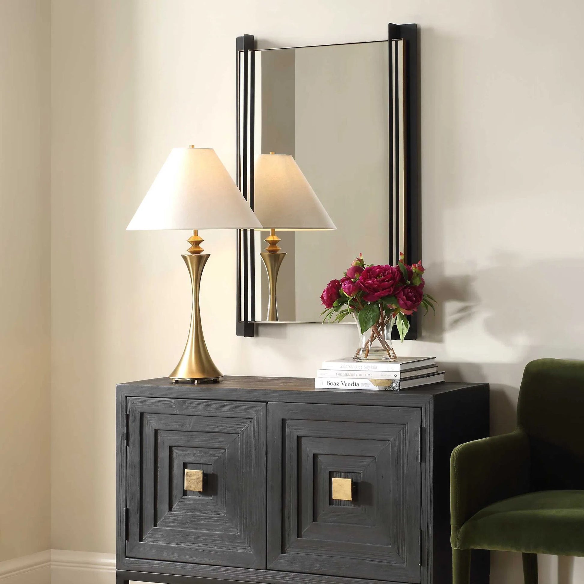 Cunene Industrial Wall Mirror by Uttermost in matte black, gold leaf. Made from iron, mirror, mdf in a transitional style.