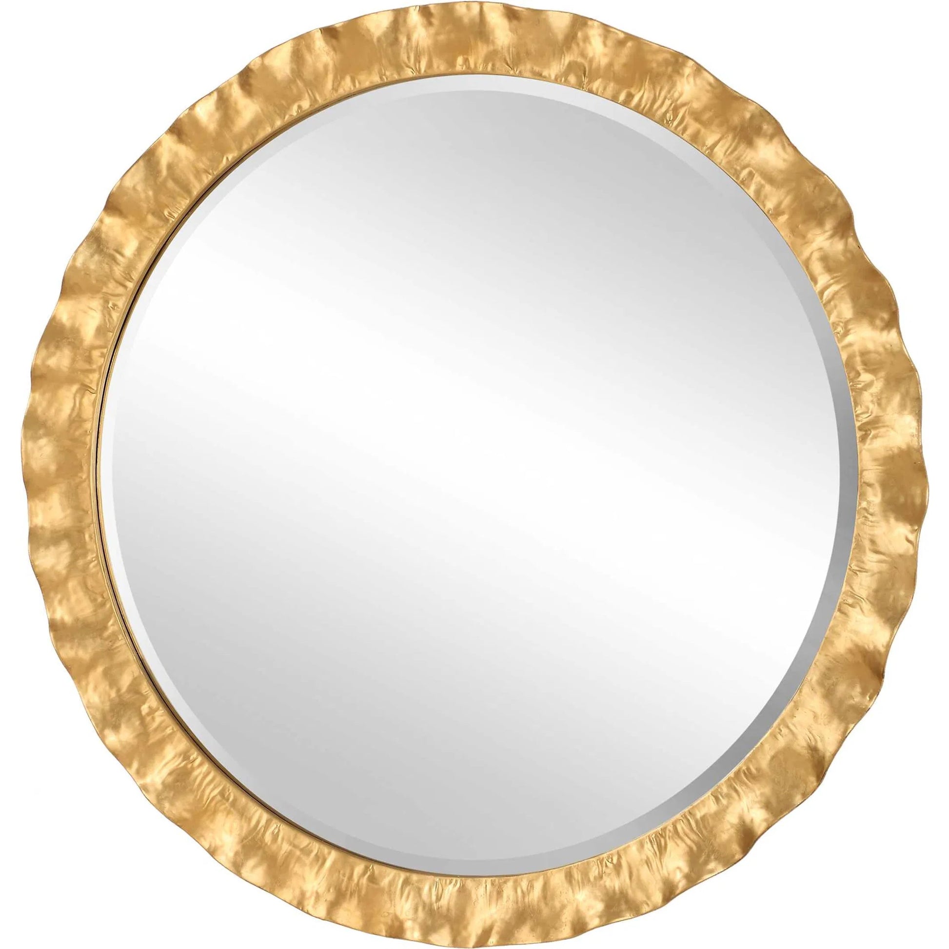 Haya Round Mirror by Uttermost in gold leaf. Made from iron, mirror, mdf in a transitional style.