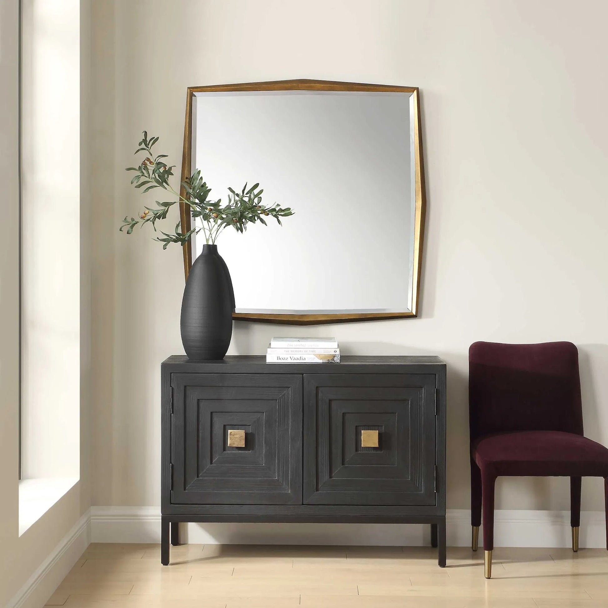 On Point Square Mirror by Uttermost in gold leaf. Made from mdf, mirror in a transitional style.