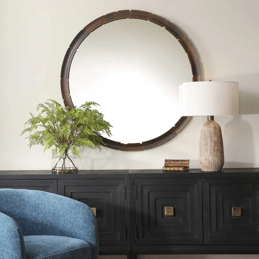 Auger Round Mirror by Uttermost in aged rust bronze. Made from iron, mirror, mdf in a unique style.