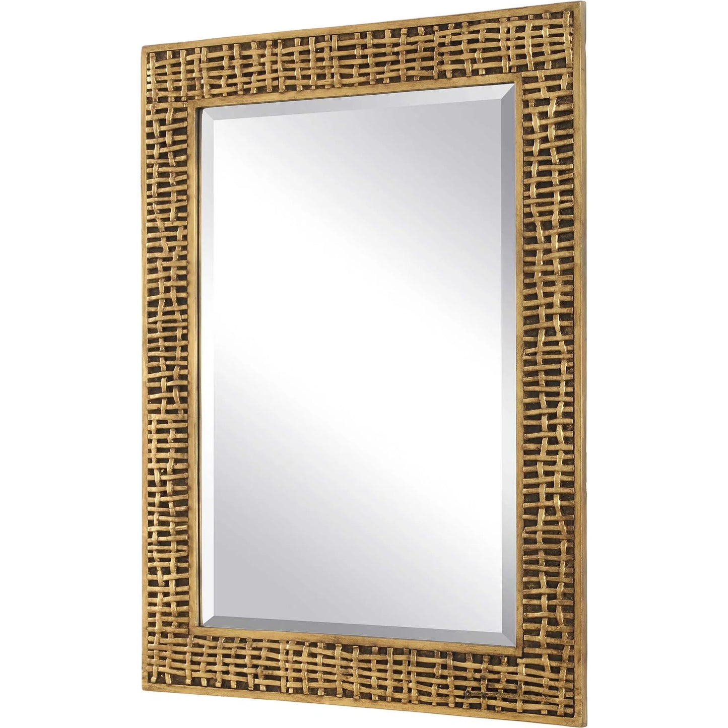 002 SI-2526129 | Closeup | Woven in Time Mirror by Uttermost in gold leaf. Made from resin, mirror, mdf in a unique style.