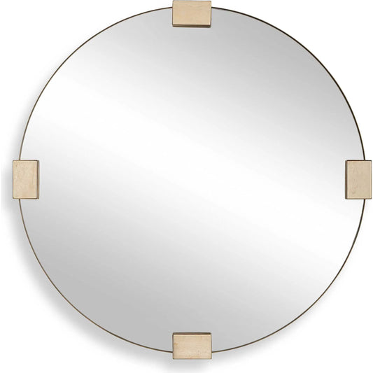 Russo Travertine Round Mirror by Uttermost in bronze, brown, gold. Made from iron, mdf, mirror, travertine in a unique style.