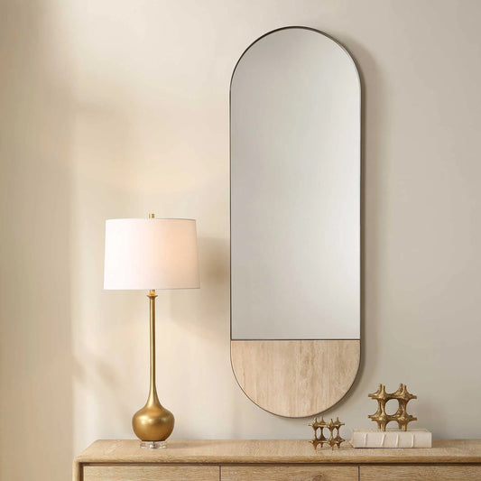 Russo Travertine Tall Oval Mirror by Uttermost in bronze, brown, gold. Made from iron, travertine, mdf, glass in a unique style.