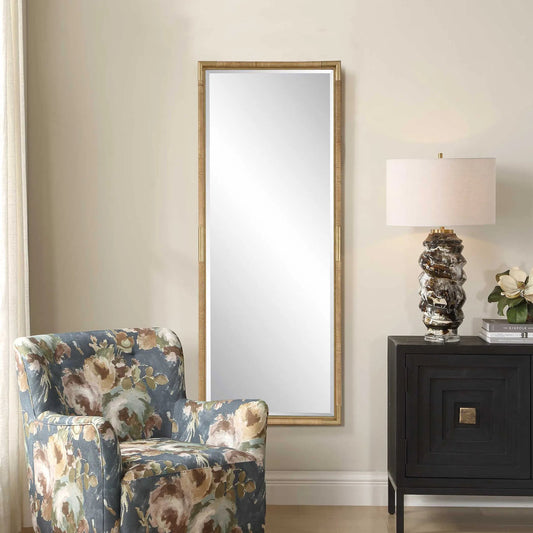 Kampar Full Length Rattan Tall Mirror by Uttermost in gold, woodtone and gold. Made from iron, mdf, mirror, rattan in a unique style.