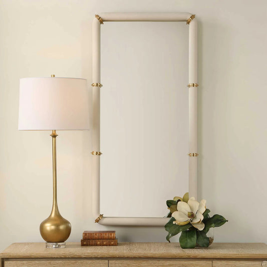 Cyprus Leather Mirror by Uttermost in white and brass. Made from metal, mirror, mdf, leather, aluminum in a unique style.