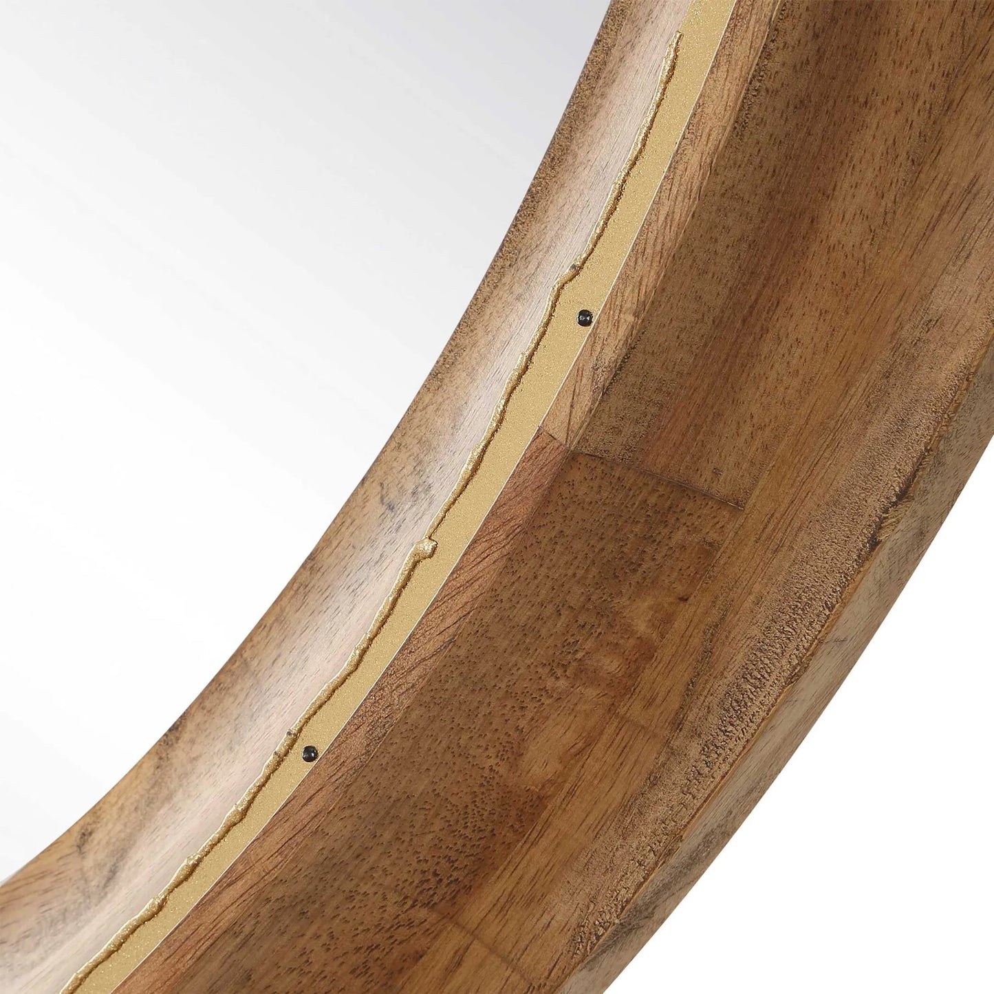 002 SI-2526147 | Closeup | Frontier Round Mirror by Uttermost in woodtone and gold. Made from mdf, rubber wood, glass, iron in a unique style.