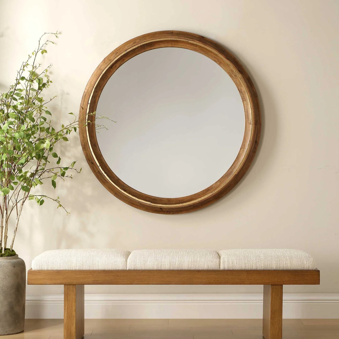 003 SI-2526147 | Lifestyle | Frontier Round Mirror by Uttermost in woodtone and gold. Made from mdf, rubber wood, glass, iron in a unique style.