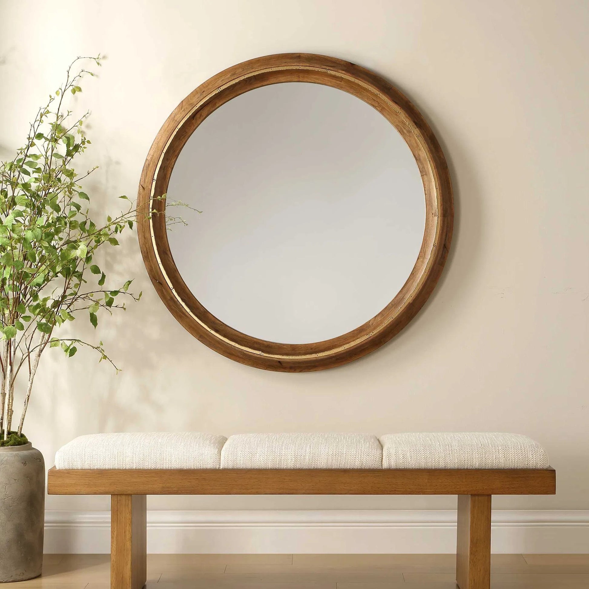 Frontier Round Mirror by Uttermost in woodtone and gold. Made from mdf, rubber wood, glass, iron in a unique style.