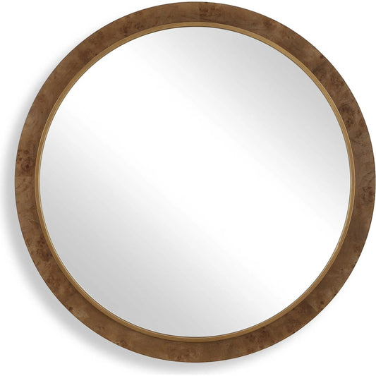 Cleveland Round Burl Mirror by Uttermost in woodtone and gold. Made from iron, mdf, mirror, burl veneer in a unique style.