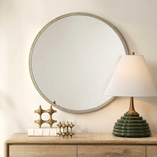 Break the Ice Round Mirror by Uttermost in champagne. Made from acrylic, aluminum, mdf, mirror in a unique style.