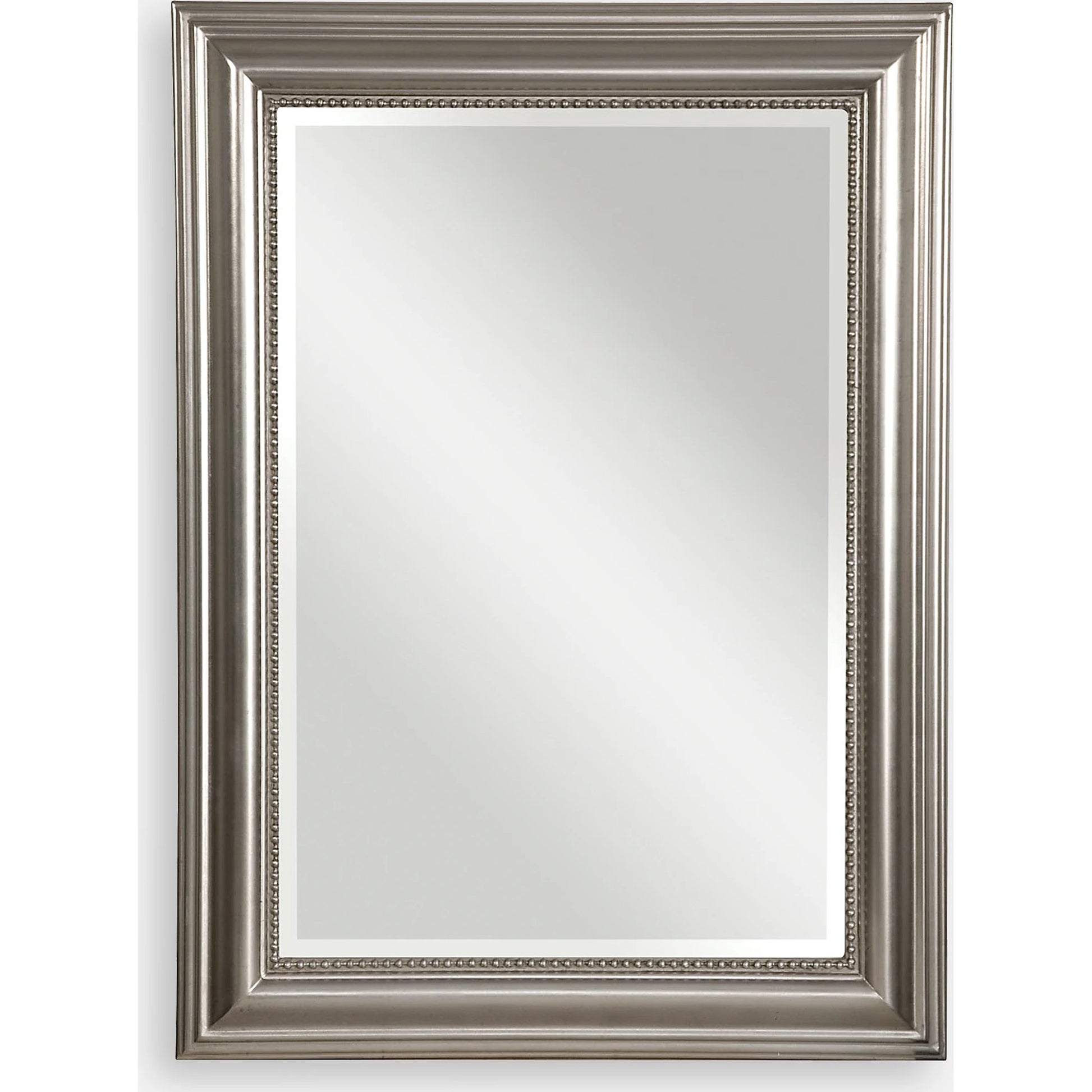 Stuart Mirror by Uttermost in silver. Made from wood in a rustic style.