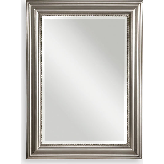 Stuart Mirror by Uttermost in silver. Made from wood in a rustic style.