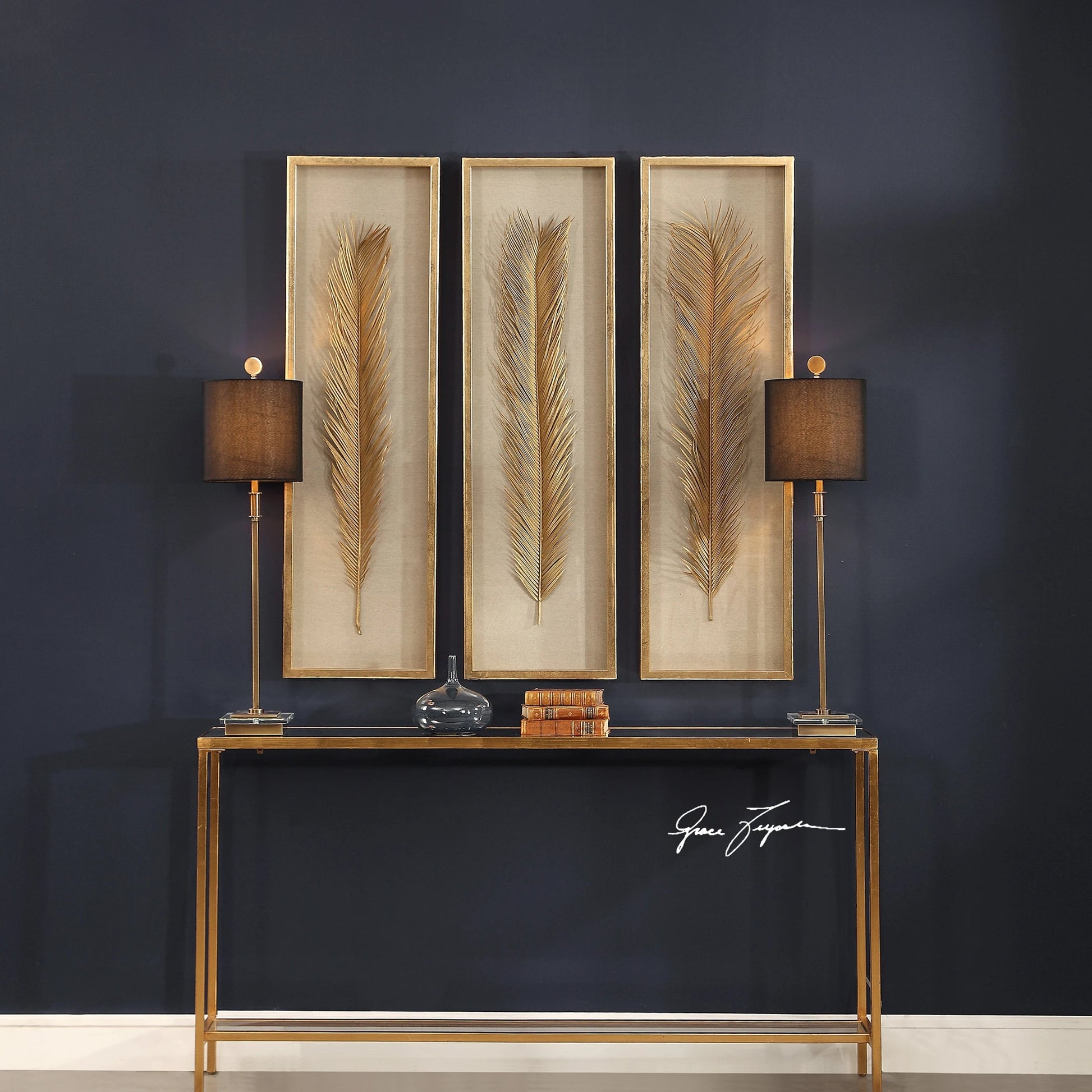 Palma Gold Leaf Shadow Box by Uttermost in gold. Made from mdf, glass, plastic, linen in a modern style.