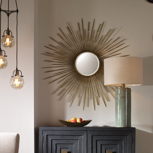 Golden Rays Starburst Mirror by Uttermost. Made from iron, mirror, mdf in a modern style.