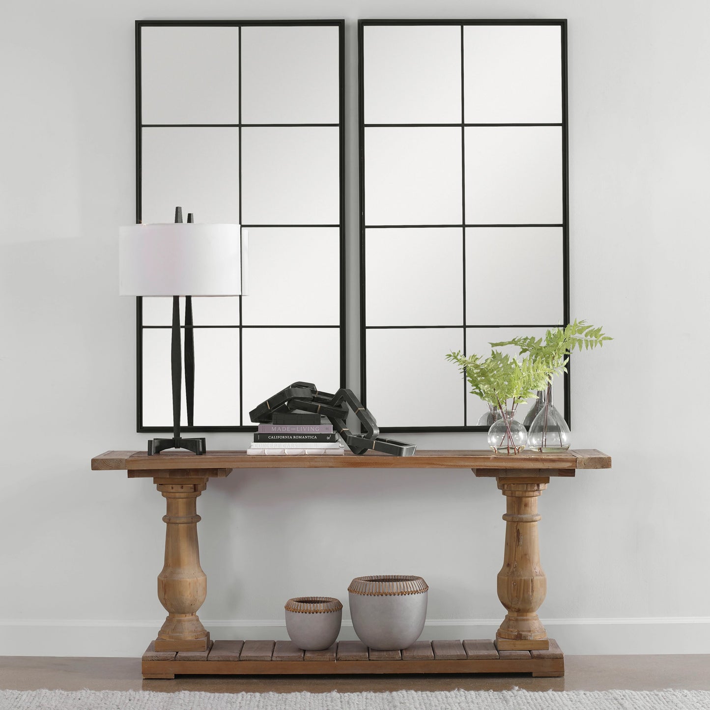 009 SI-1750289 | Lifestyle | Rousseau Window Mirror by Uttermost in black. Made from iron, mdf, glass in a transitional style.