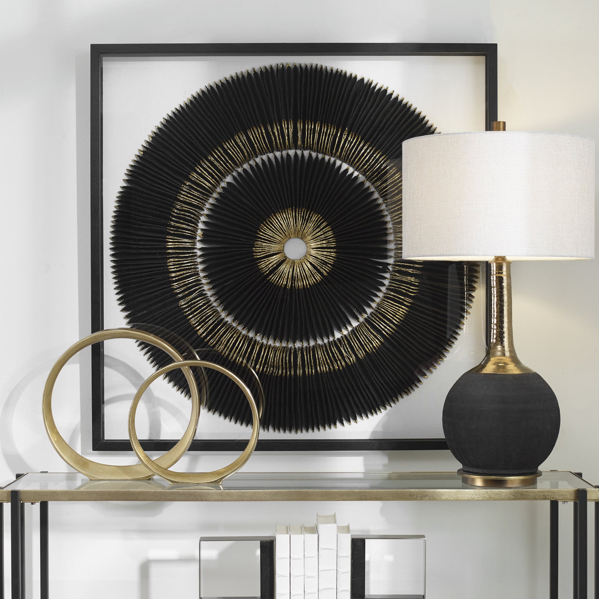 Sandara and Shadow Box by Uttermost in black, gold. Made from pine, paper, glass, linen, velvet in a eclectic & global style.